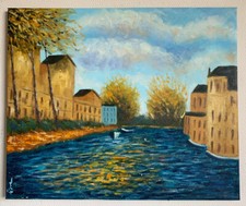 Ölgemälde Landschaft historische Häuser am Fluss handgemalt Leinwand 61x51cm