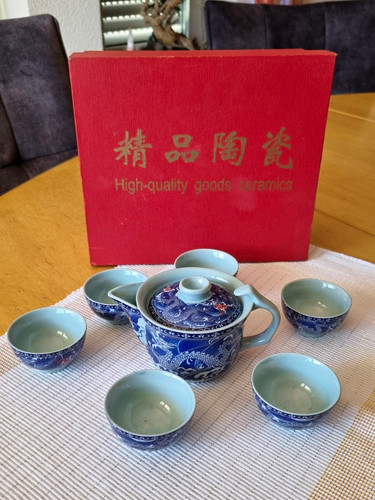 Keramik tee set - keramik, blau-weiß