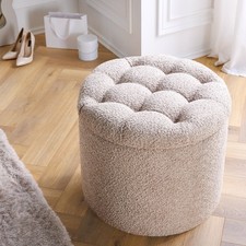 Hocker MODERN BAROCK - 50cm - champagner beige - Bouclé Teddy - rund - Stauraum