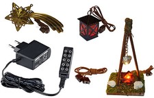 Set 2: Krippenbeleuchtung mit Trafo, Flackerlicht-Lagerfeuer, Laterne u.Komet