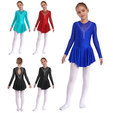 Mädchen Glitzer Eiskunstlauf Kleid Tanzkleid  Kinder Langarm Ballett Turnkleid