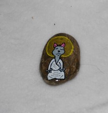 bemalter Stein / Naturstein  " Buddha Katze   "  Deko Glücksstein 