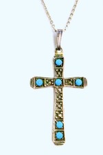 Kreuz Anhänger 835er Silber mit Türkisen / 44cm  Kette auch mit Punze 835 Silber