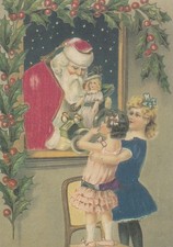 Nostalgische Weihnachtspostkarte - Santa mit Puppen für Kinder -  Finnland
