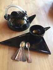 Original Art Deco SET, Teekanne, Tasse mit Tablet, 6 Löffel Punzierung Karo 90