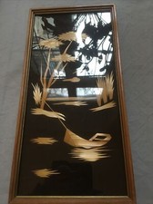 DDR Strohbild Holzkunst Kunstgewerbe Handarbeit Boot Baum See