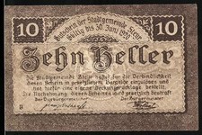 Notgeld Steyr 1919, 10 Heller, Ausgabedatum 4. November 1919, gültig bis 30. Ju 