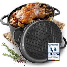 FLAVEMOTION Gusseisen Bräter 35cm 9,1L mit Deckel 2in1 Grillpfanne Induktion