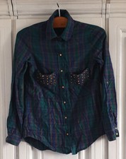 Bluse Hemd kariert grün blau goldene Nieten & Knöpfe Zara S 36 38 ausgefallen