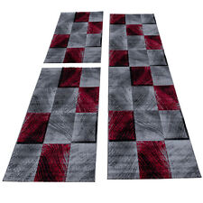 Teppich Bettumrandung 3-teilig Kurzflor Läufer Set Karo Muster Rot Grau Meliert
