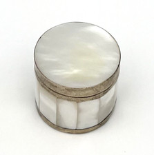 Vintage Pillendose Antik Schmuckbox Perlmutt Muschel Silber Schatulle Dose #3657