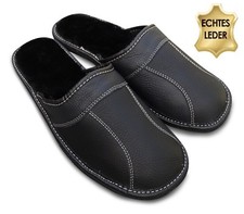 Herren Hausschuhe Pantoffeln Leder schwarz mit Warmfutter  Gr. 40 - 48