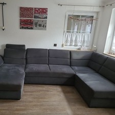 Sofa, Wohnlandschaft U-Form mit Schlaffunktion, Anthrazit,Stauraum, 320x183x168c
