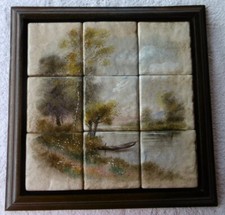 Wand Fliesenbild "Seenlandschaft mit Kahn"ca. 38 x 38 cm mit Holz Rahmen Braun