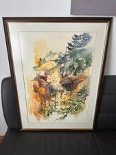 Kunst Original Aquarell Bild Bodo Meier 1949-2023 Rehe Hirsch Wild Wald