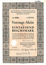 Lot 10x Reichswerke AG H. Göring Vorz Aktie Berlin 1939 Stahl Salzgitter Peine