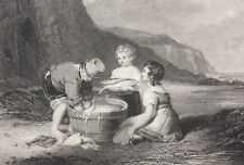 Eine Fischerfamilie wäscht ihren Fang am Strand, Radierung, England, 19. Jh.