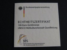 Zertifikat für 100-Euro-Goldmünze 2003 Unesco Quedlinburg ▶ OHNE MÜNZE ◀