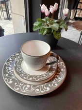 Gmundner Keramik 3-teiliges Kaffee-Gedeck Weißer Traum Grauer Rand NEU