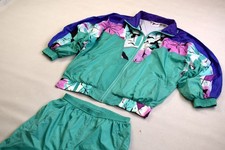 Trainings Anzug Vintage Sport Track Jump Suit Shell Glanz Party 90er Damen L M-L