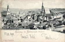 2/AK Krummau-Böhmerwald-Westseite-Kirche-Tschechien-Echtfoto-Bahnpost-gelaufen