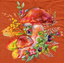 3 Lunch Servietten ~ Herbst Floral, Weiße Pilze und Waldbeeren, orange ~ 33x33