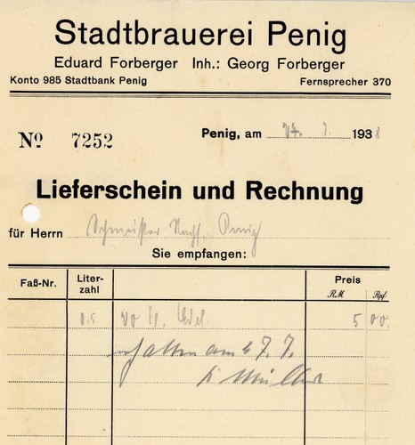 Rechnung stadtbrauerei penig - rechnung,
