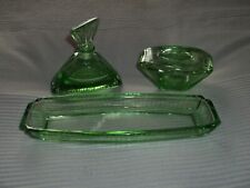 vintage Toilettentischgarnitur 3teilig Frisiertisch Schale Dose antik Glas grün