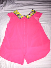 Bluse ärmellos pink Gr. L Freeway Knopfleiste gelber Kragen Chiffonqualität