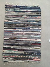 Handgewebter Flickenteppich / Läufer in Blau-Grau-Tönen, Upcycling-Stil Vintage