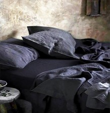 100%  Leinen Spannbettlaken 140 x 200 cm stonewashed weich schwarz-blau Neu