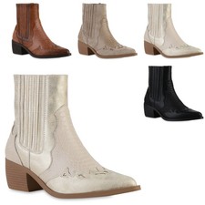 Damen Cowboy Boots Stiefeletten Spitze Holzoptikabsatz Schuhe 841855 Trendy Neu