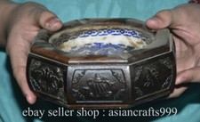 6.8" alte chinesische Ebenholz Fengshui 12 Zodiac Drachenmuster Aschenbecher