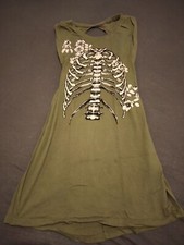 Damen Kleid Skelett Halloween S 36 Oliv Grün Sexy Rückenfrei Gothic Punk Cyber 