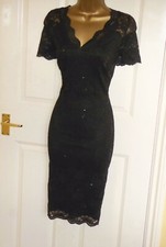 Schwarz Stretch Spitze Pailletten Vintage 40er Pencil Wiggle Abend Party Kleid 12 10