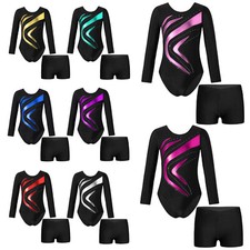 Mädchen Gymnastikanzug Glänzend Langarm Turnanzug Ballett Trikot mit Kurze Hose