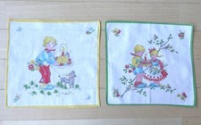 2 Vintage Kinder Stoff Taschentücher 1960er Geburtstagstorte mit Kerze ?