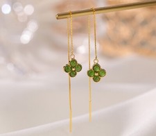 I02 Ohrringe Durchzieher Kleeblatt grüne Jade Silber 925 vergoldet 