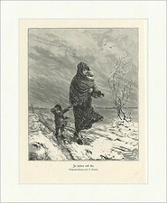 In Schnee und Eis A. Trentin Kinder Mutter Sturm Bäume Winter Holzstich A 0347