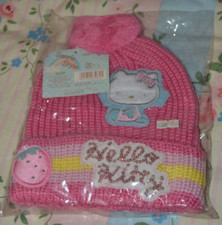 SELTEN NEU MIT ETIKETT Vintage 2006 Sanrio Hello Kitty gestrickt rosa Erdbeere Bommelmütze