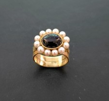 Vintage-Ring aus 14K Gold mit schwarzem Onyx & Zuchtperlen – Größe 17 mm – 6,76
