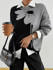 Plus Size Damen Schwarz-Weiß Blumen Pullover - Rundhals-Pulli, Herbst Winter