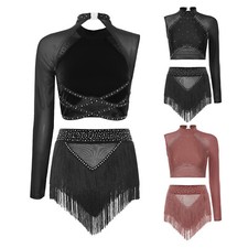 Frauen Set 2-teilig Anzug Tanz Outfit Eiskunstlauf Tanzbekleidung Asymmetrisch