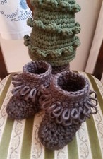 BABYSCHUHE STIEFEL BOOTS - 0-6 MONATE Gr.15-17 grau gehäkelt HANDMADE UNIKAT NEU