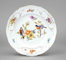 Meissen Teller Punktzeit 1763–1774, 1. Wahl, Ø 24 cm – polychrome Malerei Vögeln