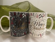 2er Set Jumbo Becher Merry Christmas Porzellan Grau, weiß, gold  Kaffeetassen