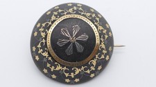 antike Nadel Brosche 585 14K Gold Inlay Intarisien Biedermeier Jet Trauerschmuck