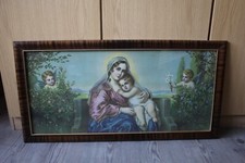 VINTAGE HEILIGENBILD, MARIA MUTTER GOTTES, JESU-KIND, ENGEL, DRUCK, HOLZRAHMEN