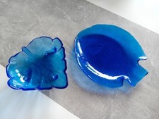 Konvolut Farbiges Glas Blau Geschirr Fisch Vintage Blatt Servierschale