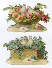 Glanzbild Oblaten scraps  Tiere Tauben Blumenkorb Brief 8,5 cm
